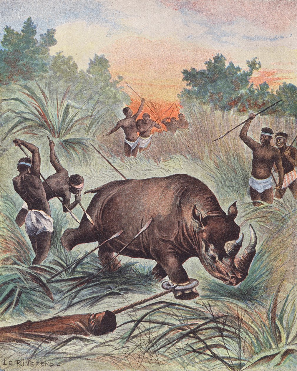 Jacht op neushoorns in Afrika (kleurenlitho) door Laurence Louise Le Riverend