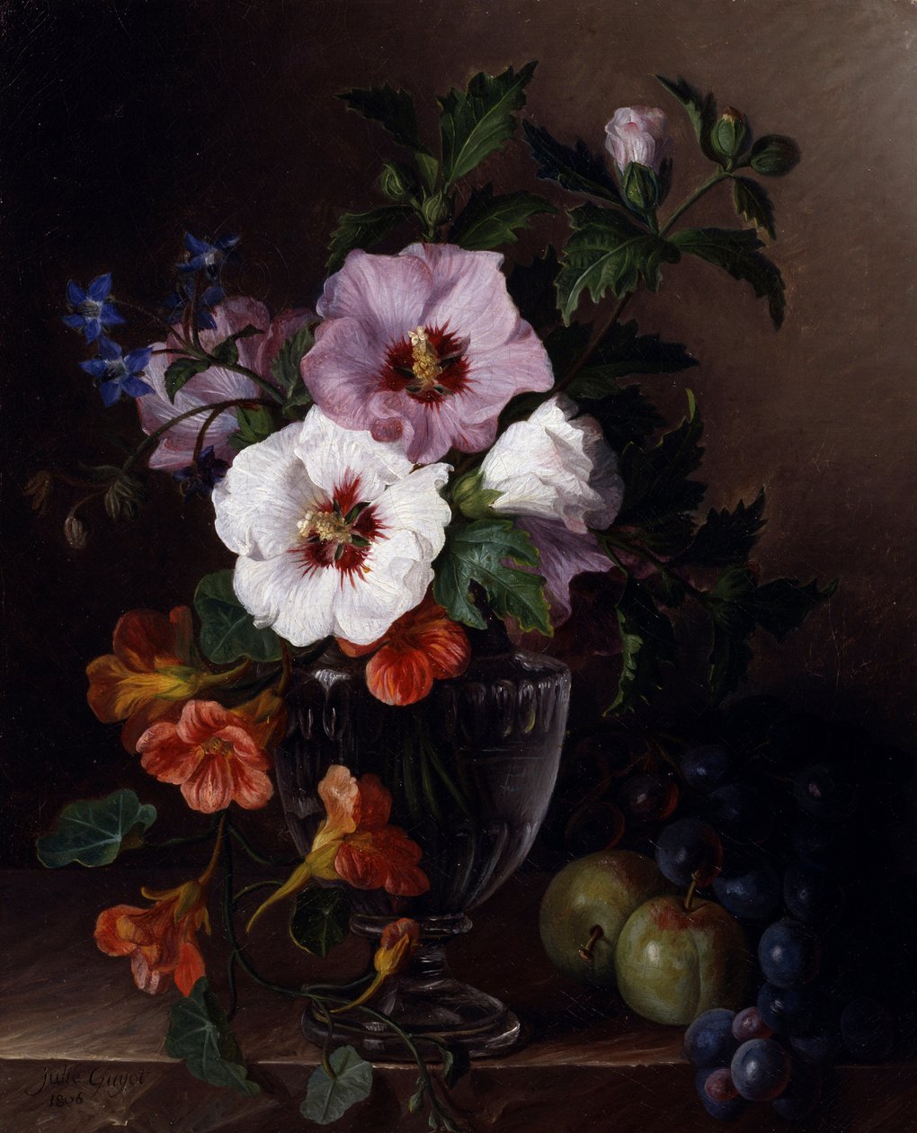 Stilleven van hibiscus en nasturtiums in een glazen vaas. Schilderij van Julie Guyot (Fl. circa 1810) door Laurent Guyot