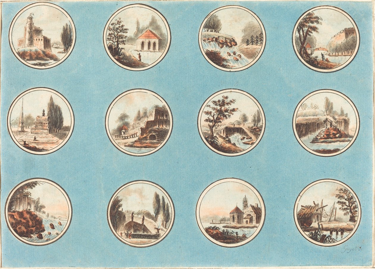 Twaalf Rondellen met Landschappen door Laurent Guyot after Jean Henry Alexandre Pernet