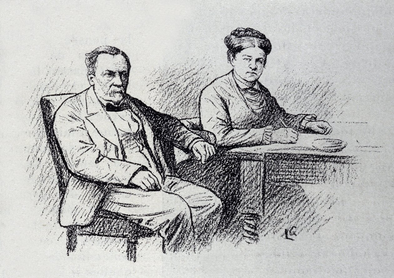 Portret van Louis Pasteur, Franse chemicus en natuurkundige die een relatie dicteert aan zijn vrouw Marie Laurent. Schets door Lucien Laurent-Gsell. door Laurent Lucien Gsell