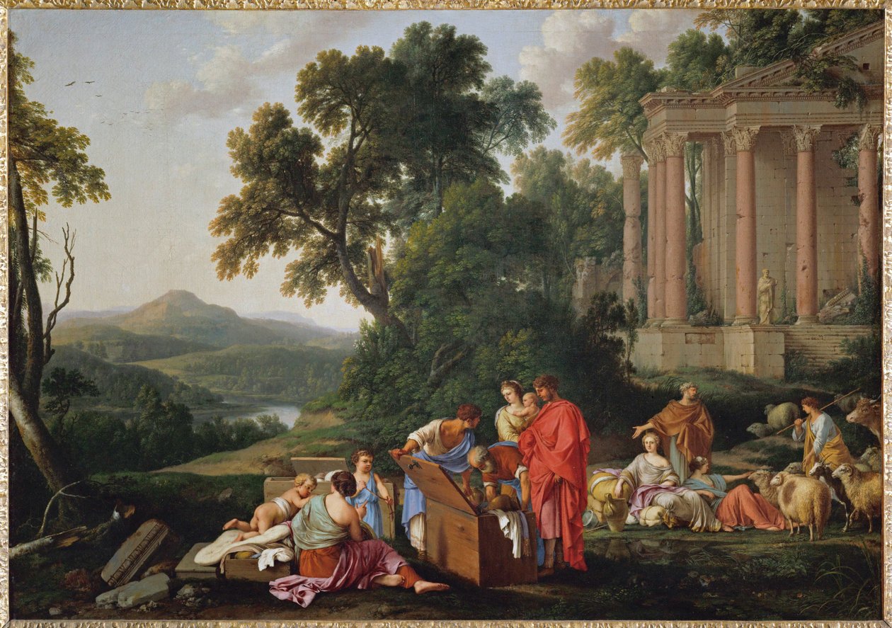 Laban cherchant ses idoles dans les bagages de JacobLaban op zoek naar zijn afgoden tussen de bezittingen van Jacob ... door Laurent de (workshop of) La Hyre