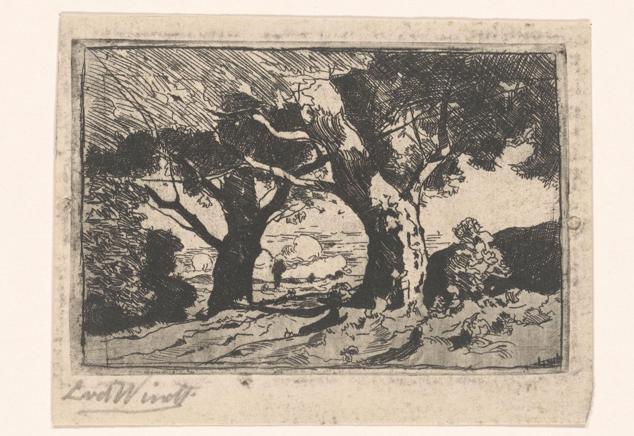Landschap met twee grote bomen door Laurent van der Windt (signed by artist)
