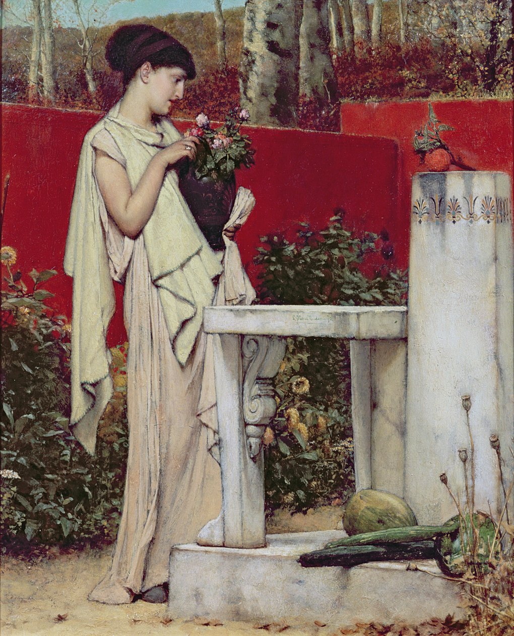 Vrouw met een vaas bloemen door Lawrence Alma Tadema