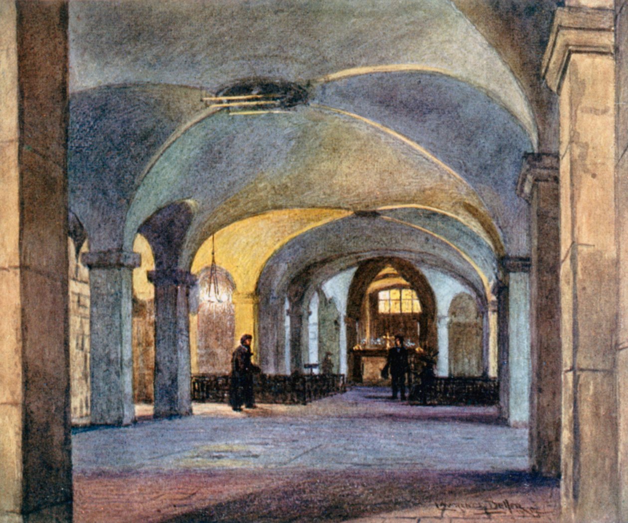 De kapel van St Faith, in de Crypte (kleurenlitho) door Lawrence Deller