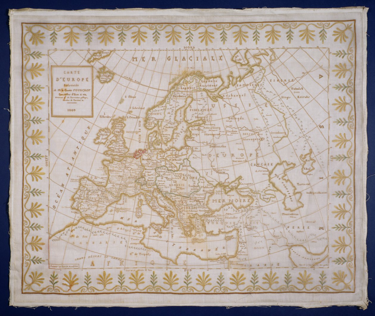 T.143-1938 Sampler met een kaart van Europa, genaaid door Fanny Le Gay, gepresenteerd aan M. le Comte Fourgroy, Frans door Le Gay