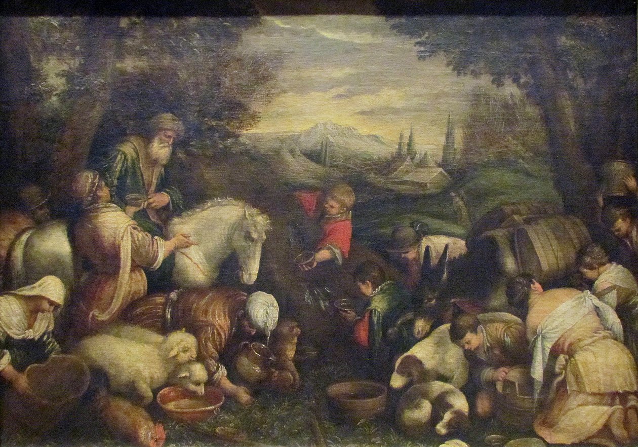 Mozes die op de rots slaat door Leandro Bassano