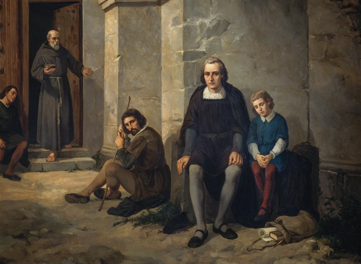 Christoffel Columbus met zijn zoon in het klooster van Santa Maria de La Rabida, Spanje door Leandro Izaguirre