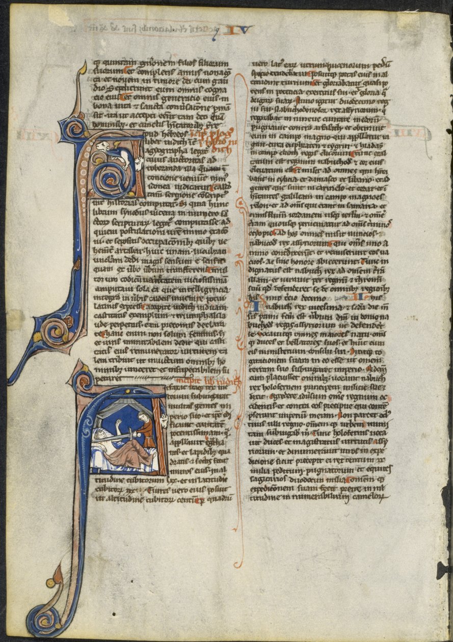 Blad uit een Latijnse Bijbel: Initiaal A en Initiaal A: Judith onthoofdt Holofernes, c. 1230-1240 door Leber Group
