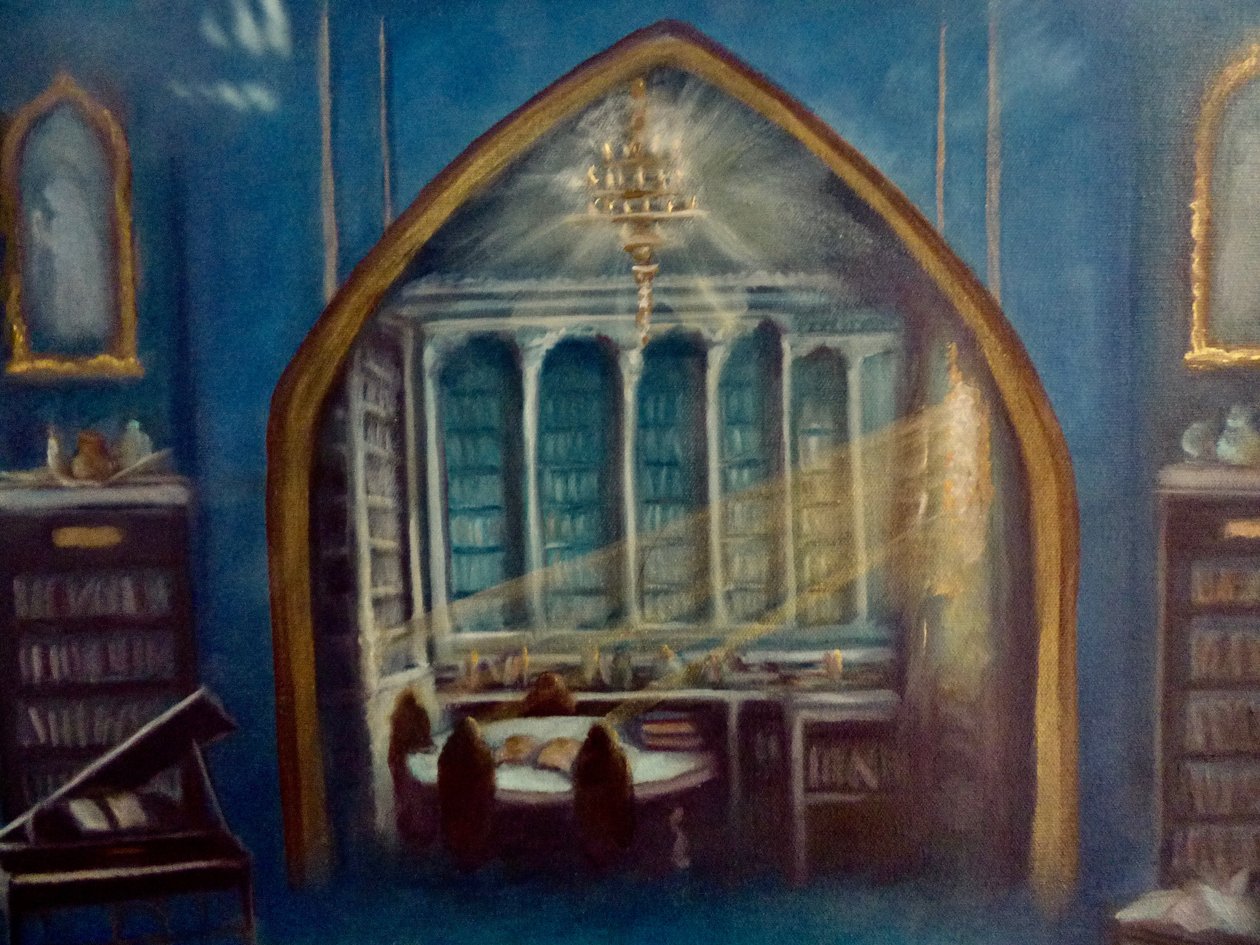 Detail van Betoverde Bibliotheek, 2024 (olieverf op doek) door Lee Campbell