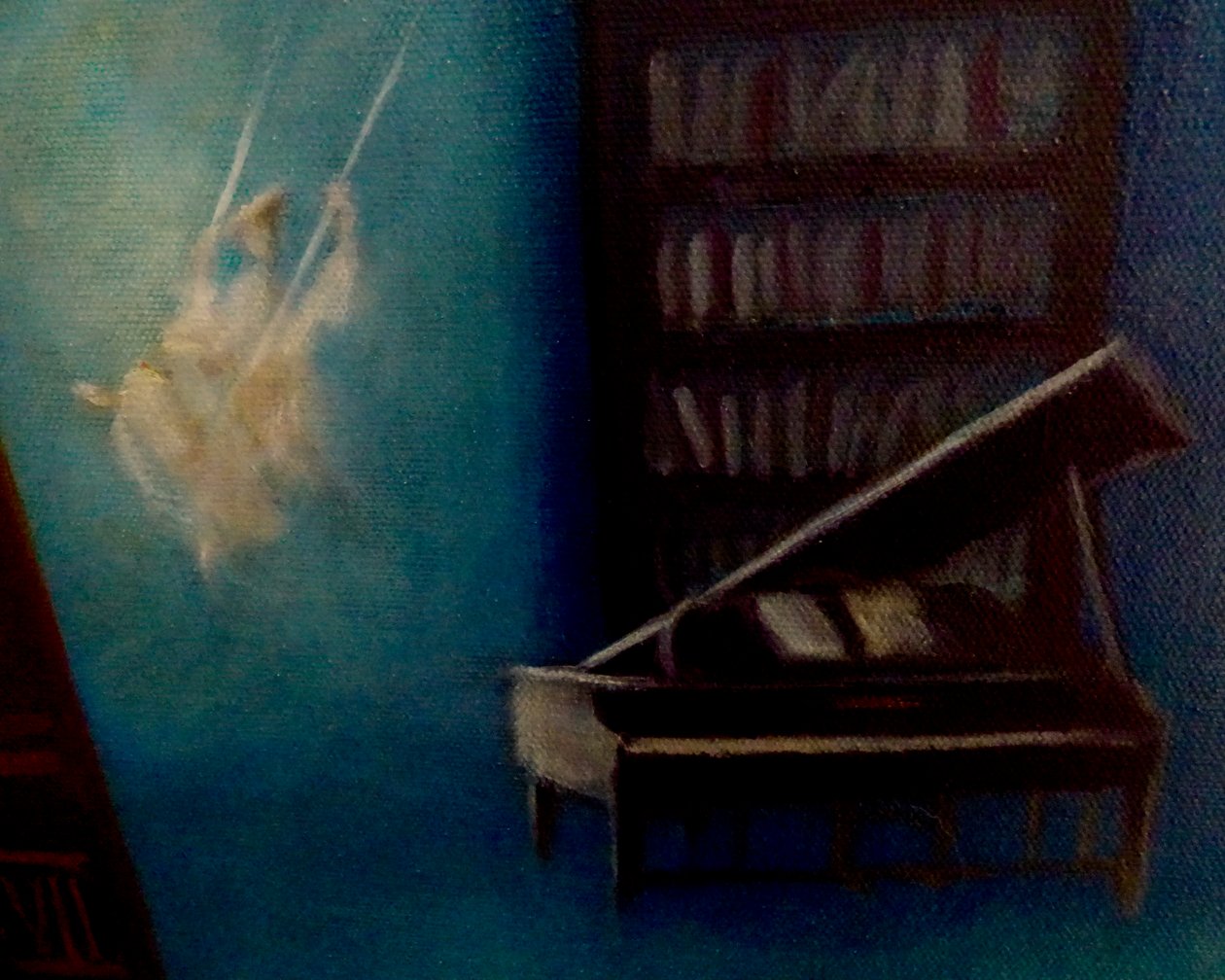 Detail van Betoverde Bibliotheek, 2024 (olieverf op doek) door Lee Campbell