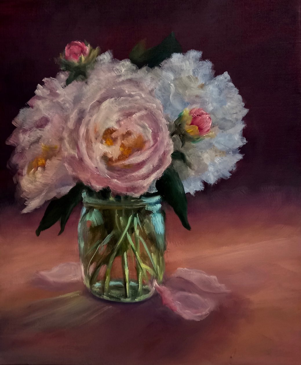 Pioenrozen in groene pot, 2024 (olieverf op doek) door Lee Campbell