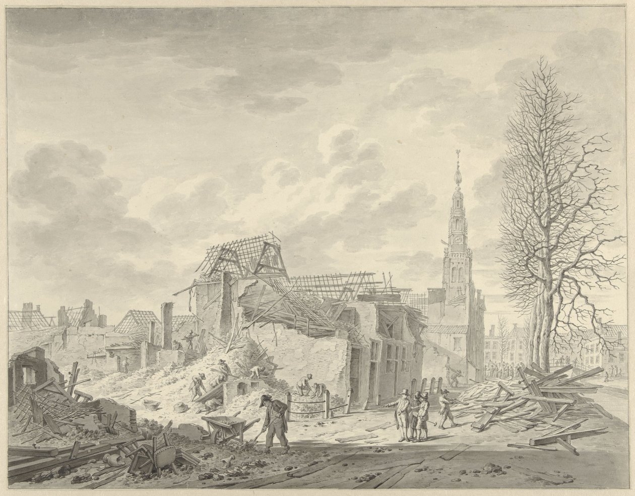 Gezicht op het Rapenburg te Leiden na de Buskruitramp van 12 januari 1807 door Leendert Overbeek