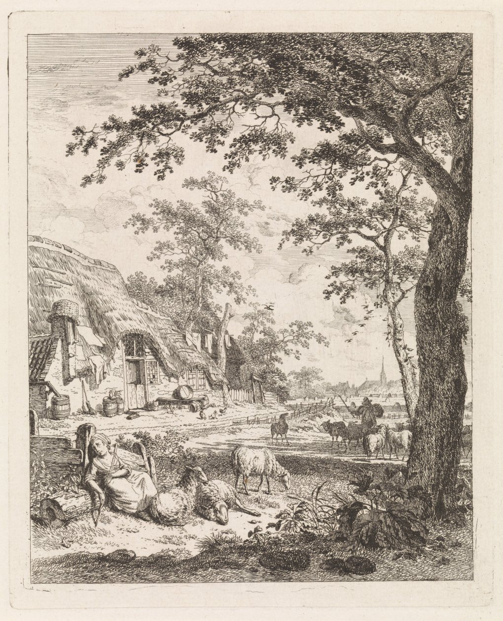 Herderin met schapen voor een boerderij Landschappen met figuren (serie) door Leendert Overbeek