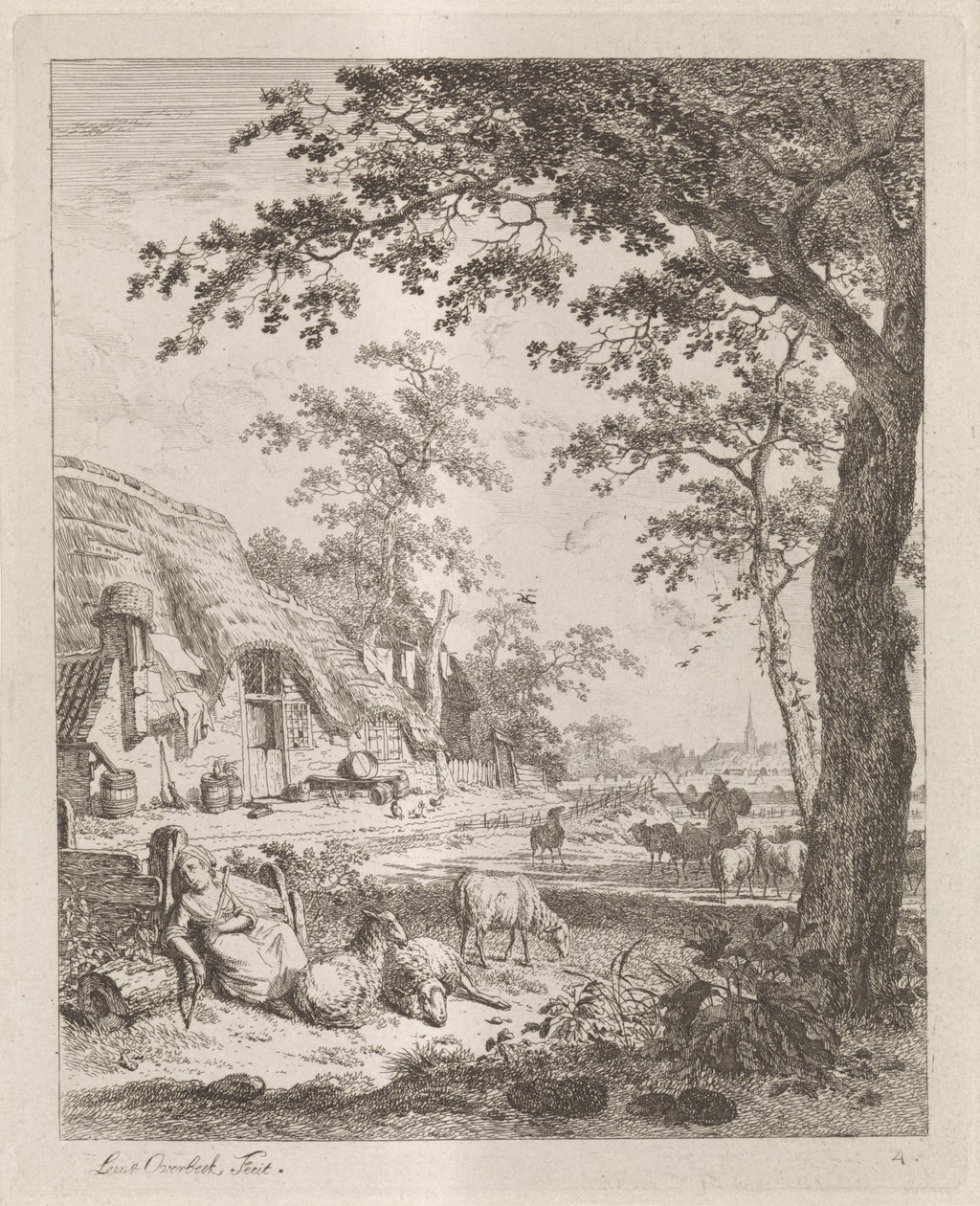 Herderin met schapen voor een boerderij Landschappen met figuren door Leendert Overbeek