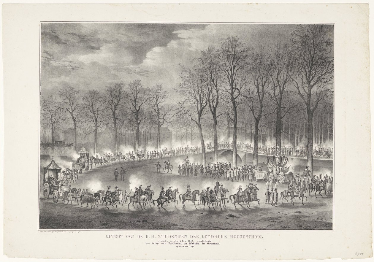 Optogt van de H.H. Studenten der Leydsche Hoogeschool gehouden op den 9 Febr 1835, voorstellende den intogt van Ferdinand en Isabella in Grenada op den 6 Jan. 1492 door Leendert Springer (I)