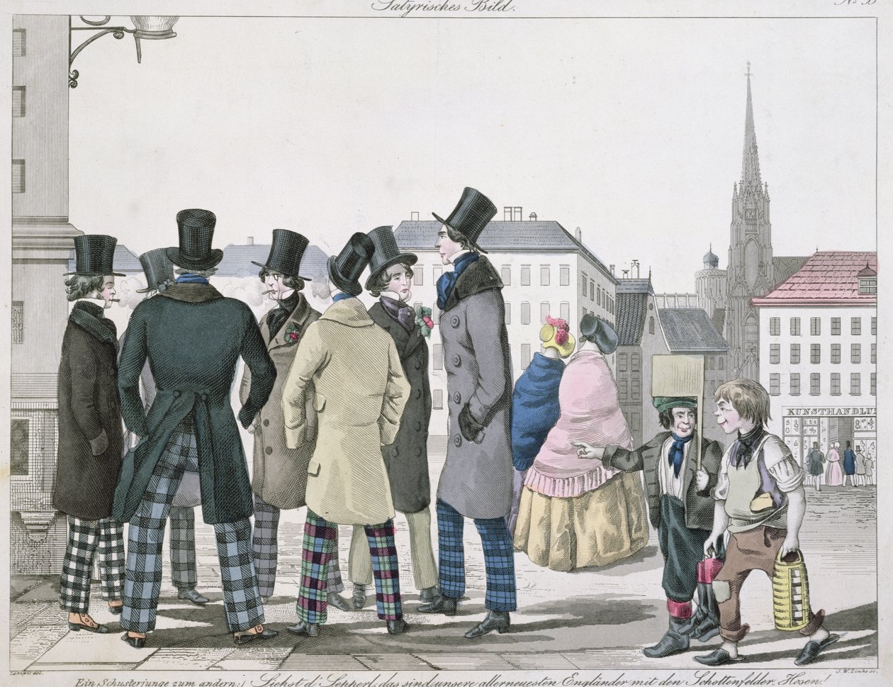Elegante mannen met Schotse broeken op de straten van Wenen, gegraveerd door J. W. Linke, ca. 1840 door Lempis