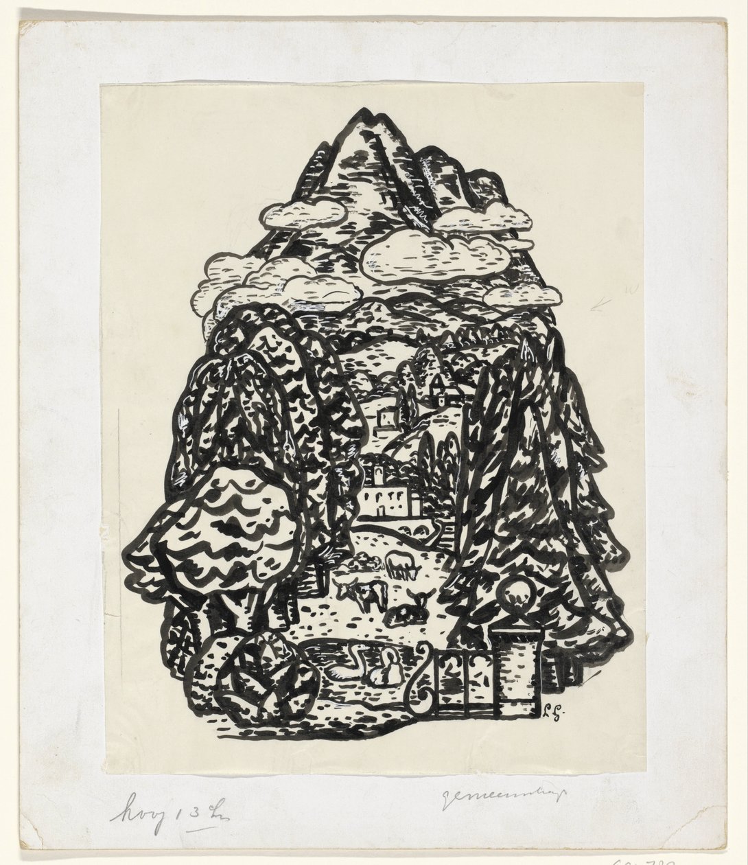 Berglandschap met bomen en vee door Leo Gestel (signed by artist)