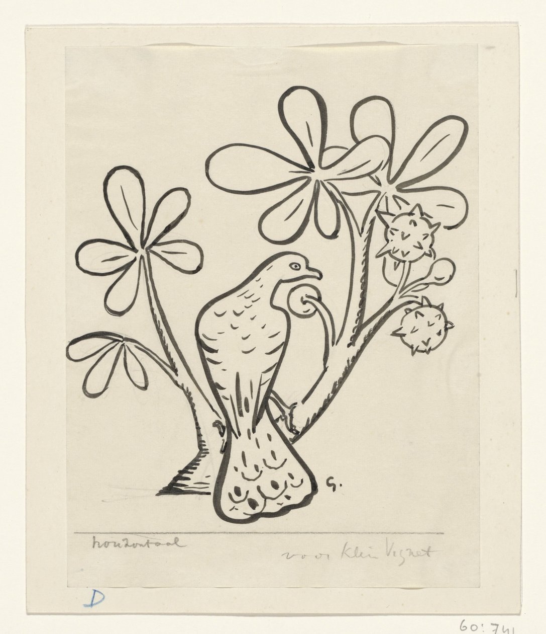 Duif op een tak van een kastanjeboom door Leo Gestel (signed by artist)