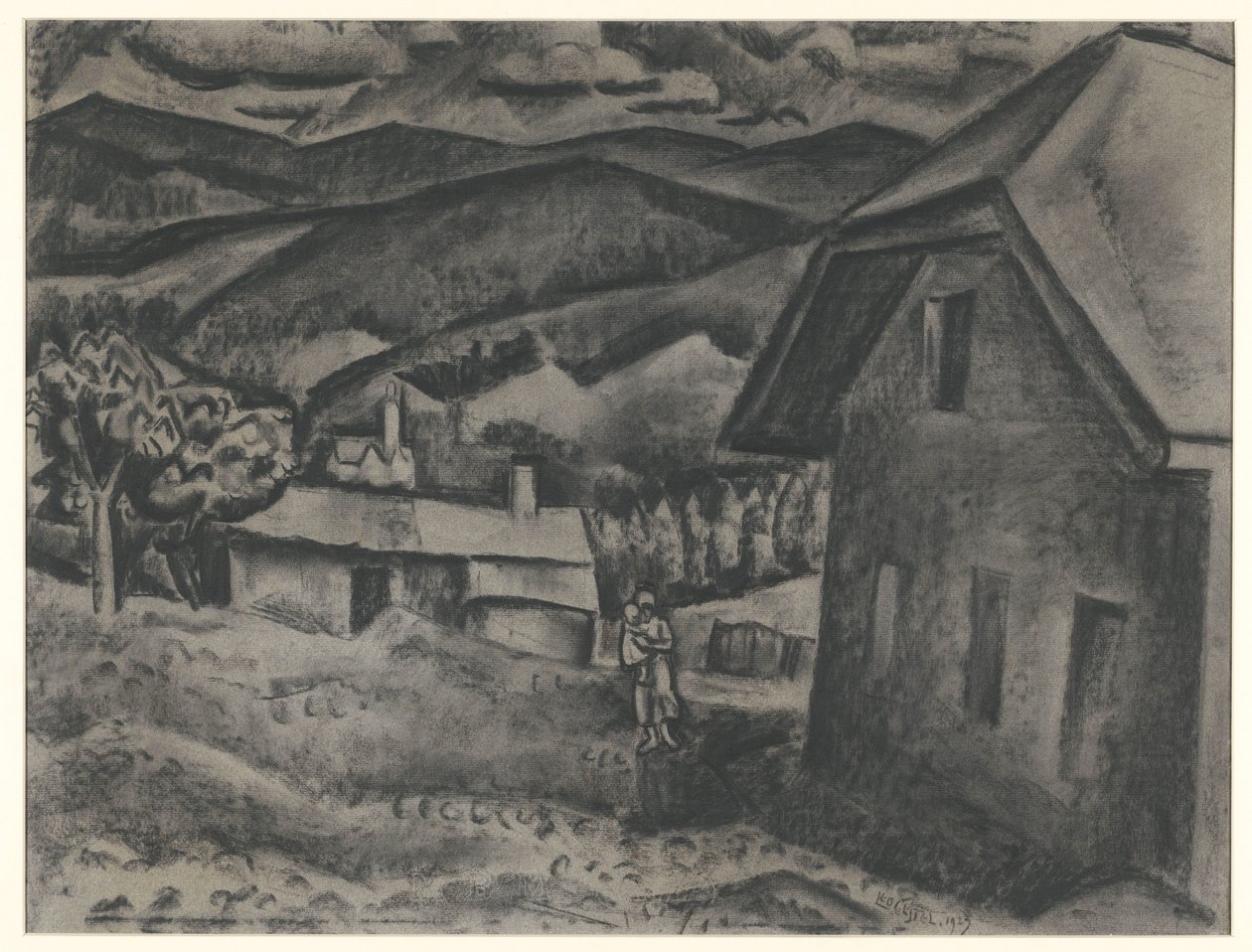 Landschap met vrouw met kind voor een huis door Leo Gestel (signed by artist)