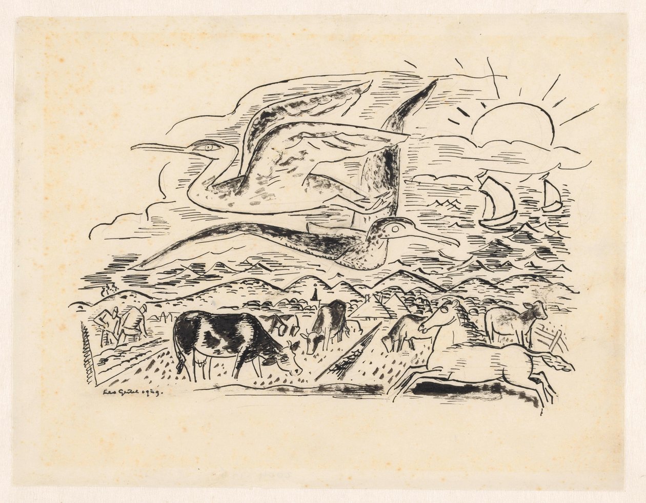 Twee vogels vliegen over een landschap met vee door Leo Gestel (signed by artist)