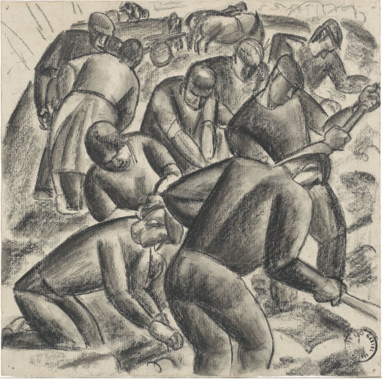 Aardappelrooiers aan het werk op het land door Leo Gestel