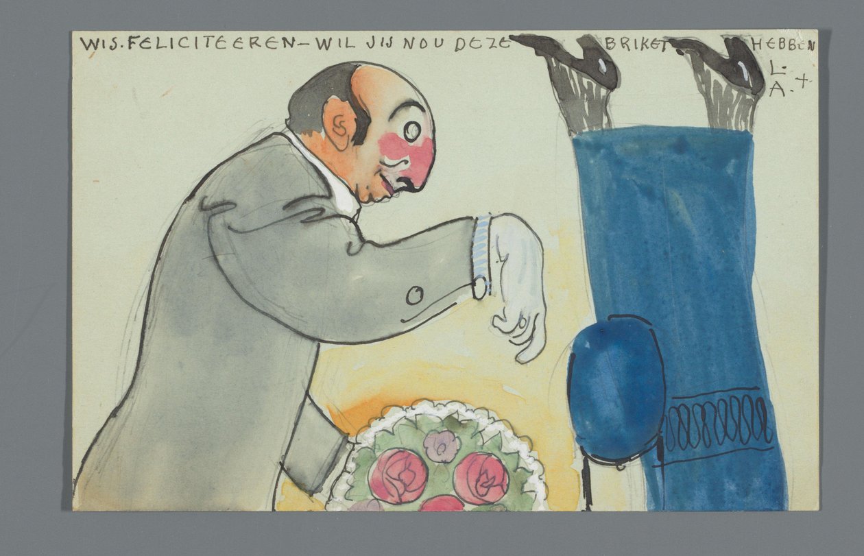 Postkarte mit einer Zeichnung des Unterkörpers von An Overtoom und Oberkörpers von Leo Gestel mit Blumenstrauß door Leo Gestel