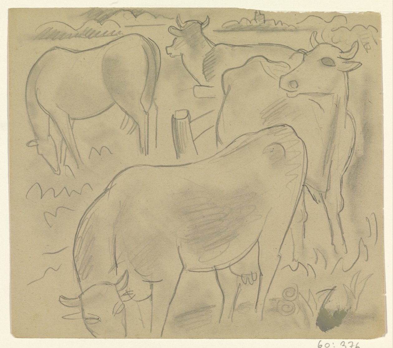 Drie koeien en een paard in de wei door Leo Gestel