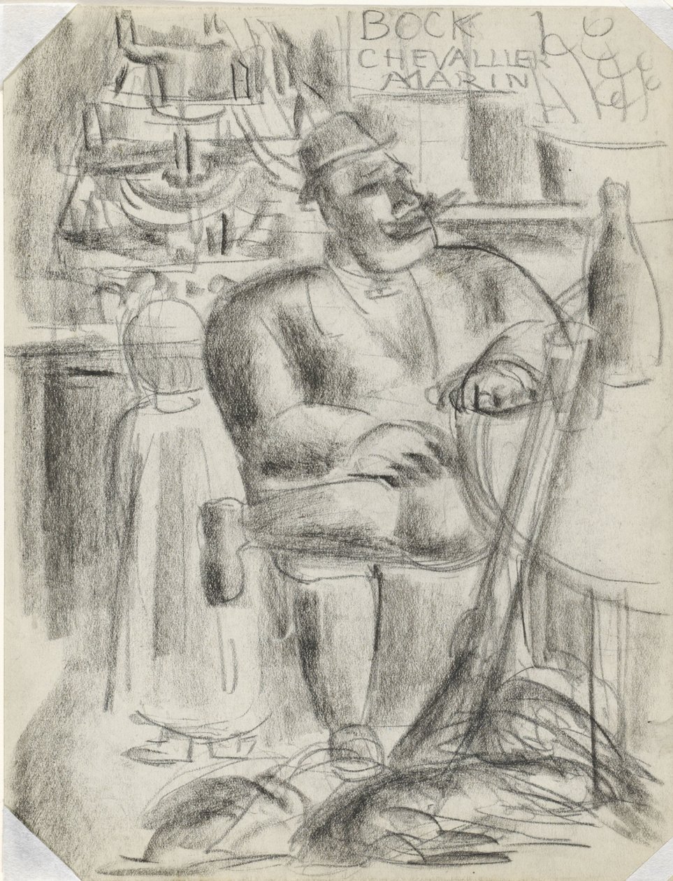 Jager Zittend aan Cafétafel, in Zwart Krijt door Leo Gestel