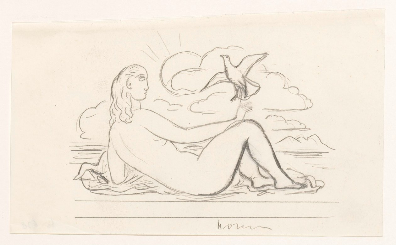 Liggend vrouwelijk naakt op het strand en een zeemeeuw door Leo Gestel