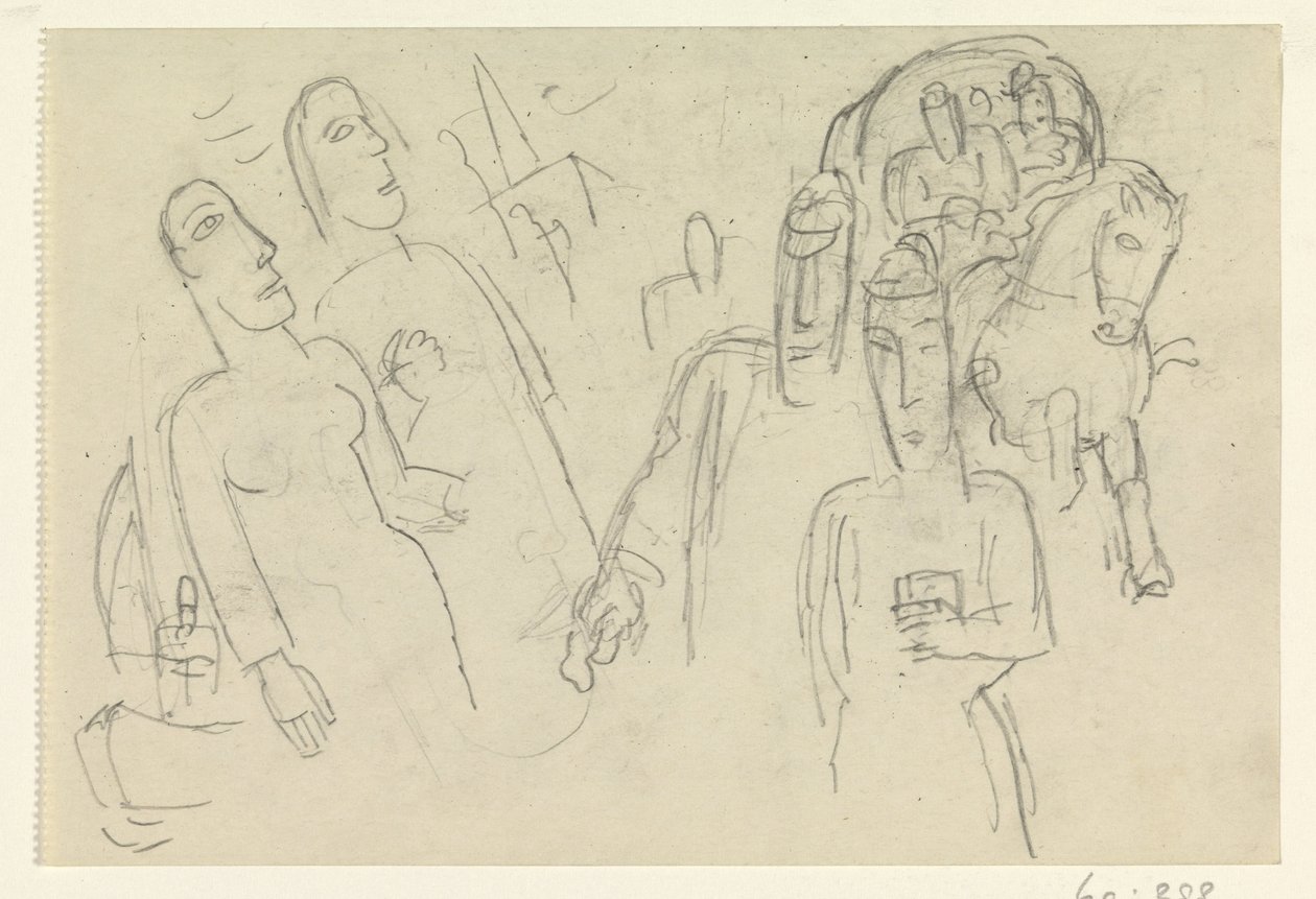 Mensen op straat en een paard met wagen door Leo Gestel