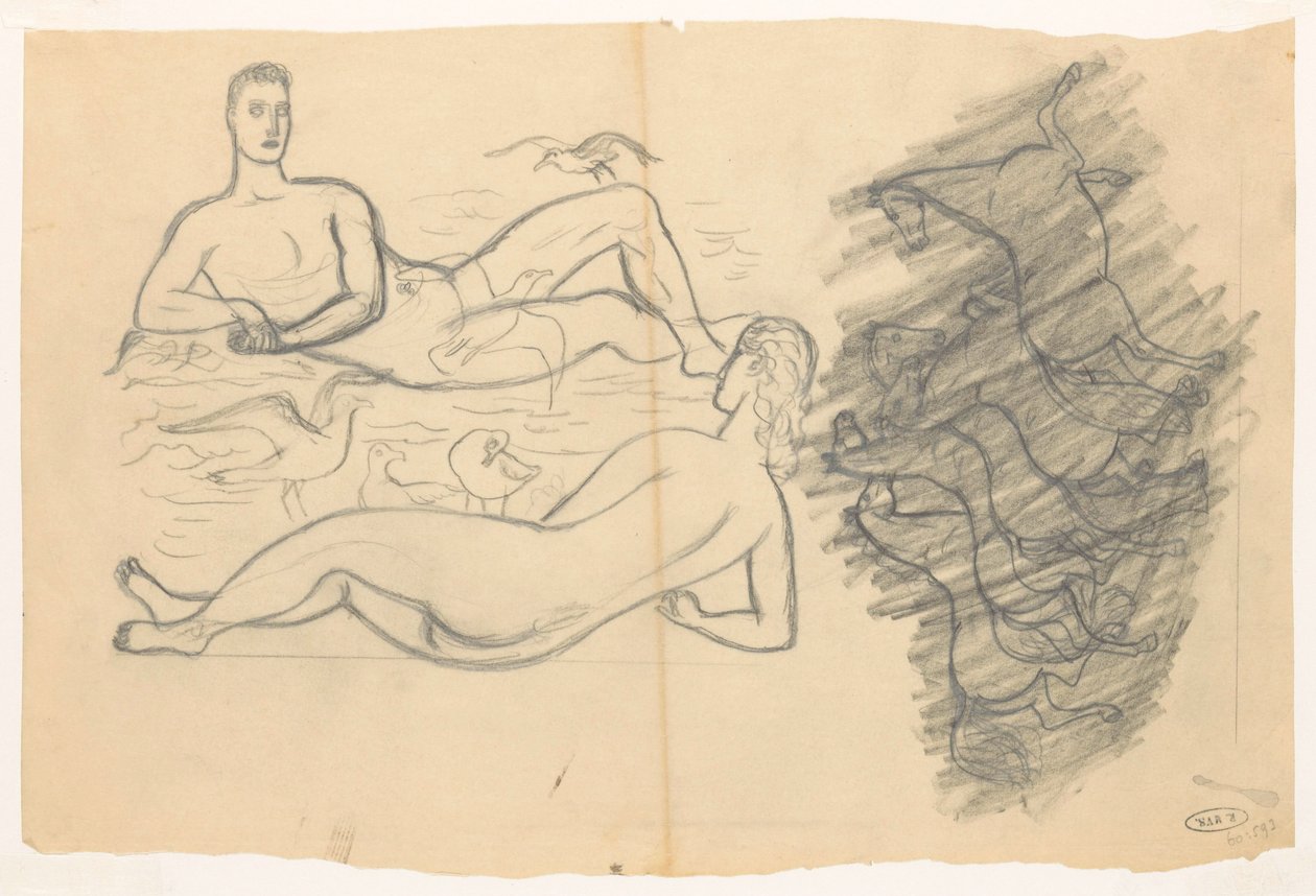 Naakte man en vrouw aan het strand, omringd door zeemeeuwen door Leo Gestel