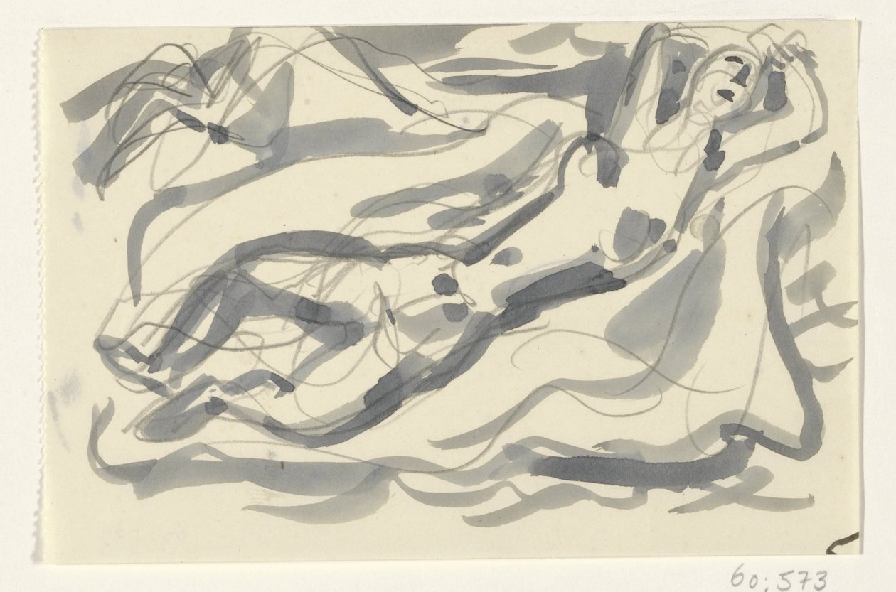 Naakte vrouw en paard in de zee door Leo Gestel