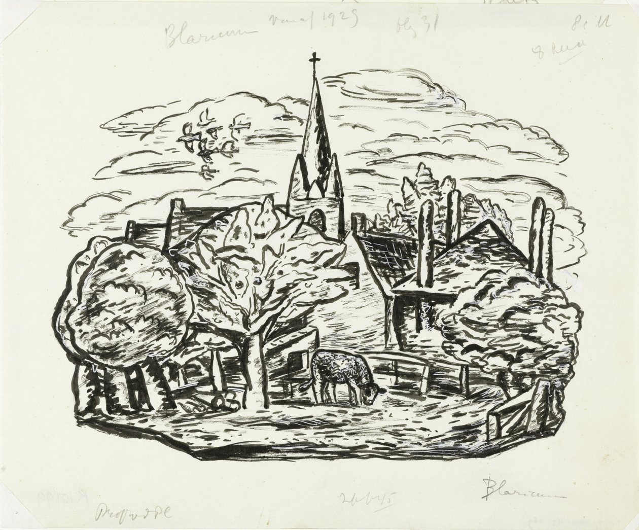 Zonder titel (Gezicht op dorp Blaricum met grazende koe) door Leo Gestel
