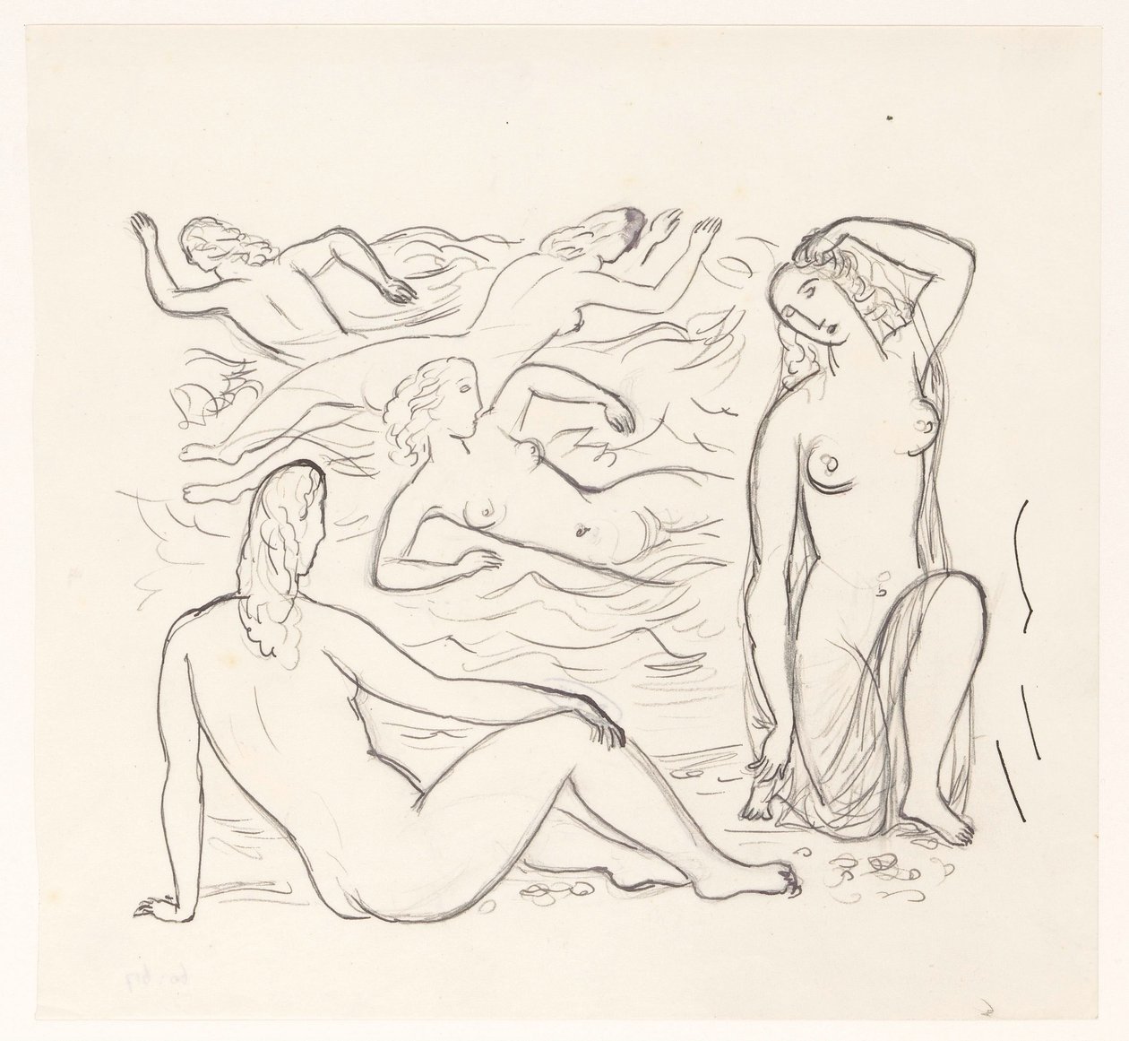 Vijf naakte vrouwen, in de branding of aan het strand door Leo Gestel