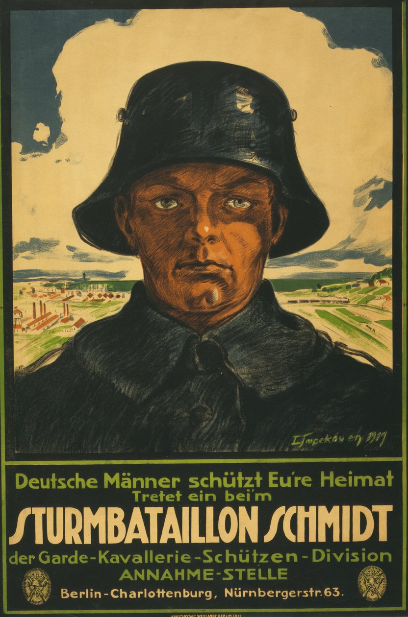 Sturmbataillon Schmidt; Duitse Mannen bescherm Uw Vaderland! 1919 (kleur lithografie) door Leo Impekoven
