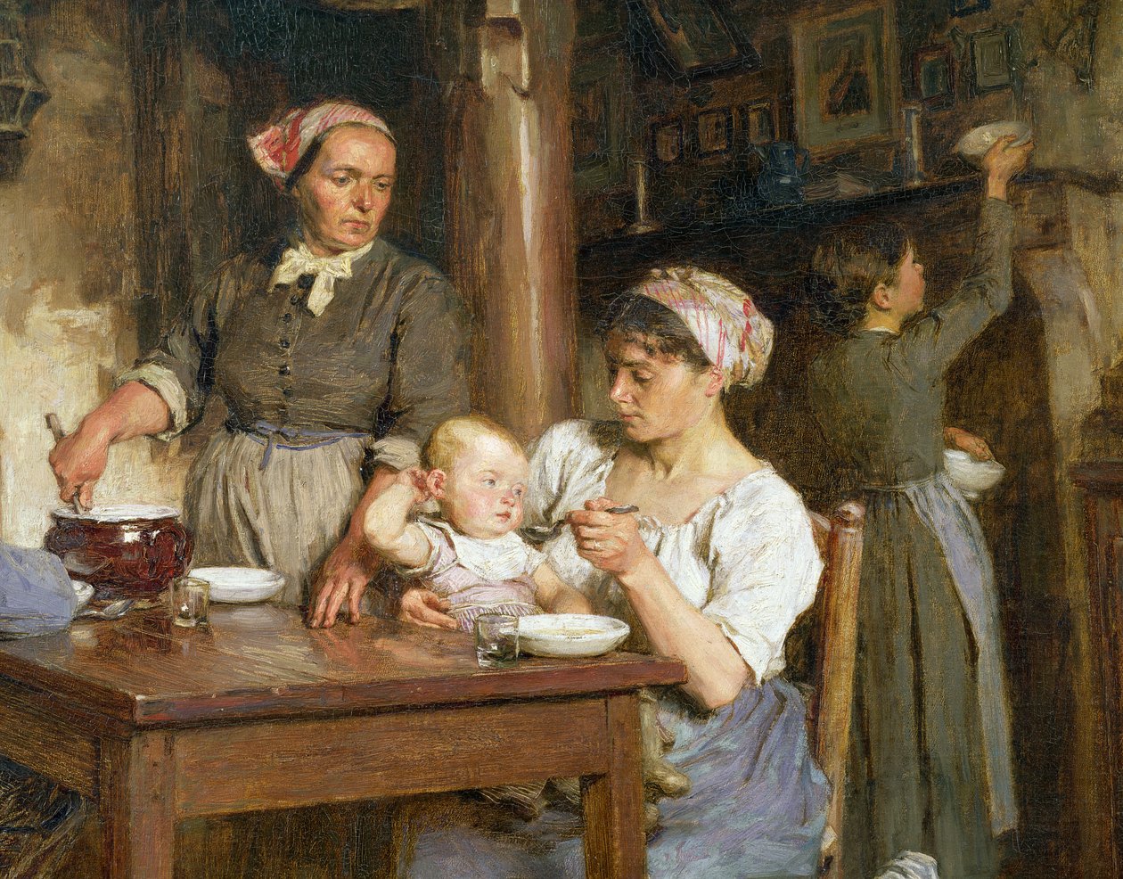De middagmaaltijd, detail van het voeden van de baby (detail) door Leon Augustin Lhermitte