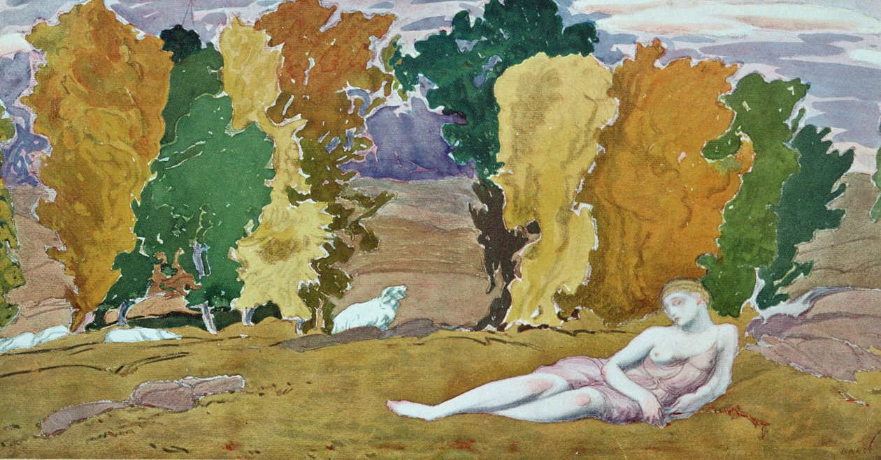 Ontwerp voor een decoratief paneel, uit Daphnis en Chloe, ca. 1912 door Leon Bakst