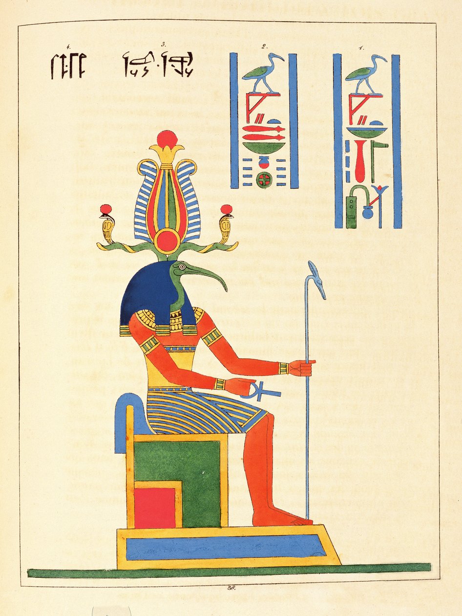 De god Thoth, illustratie uit Pantheon egyptien: collectie van mythologische personages uit het Oude Egypte door Jean-Francois Champollion, gepubliceerd 1823-25 door Leon Jean Joseph Dubois