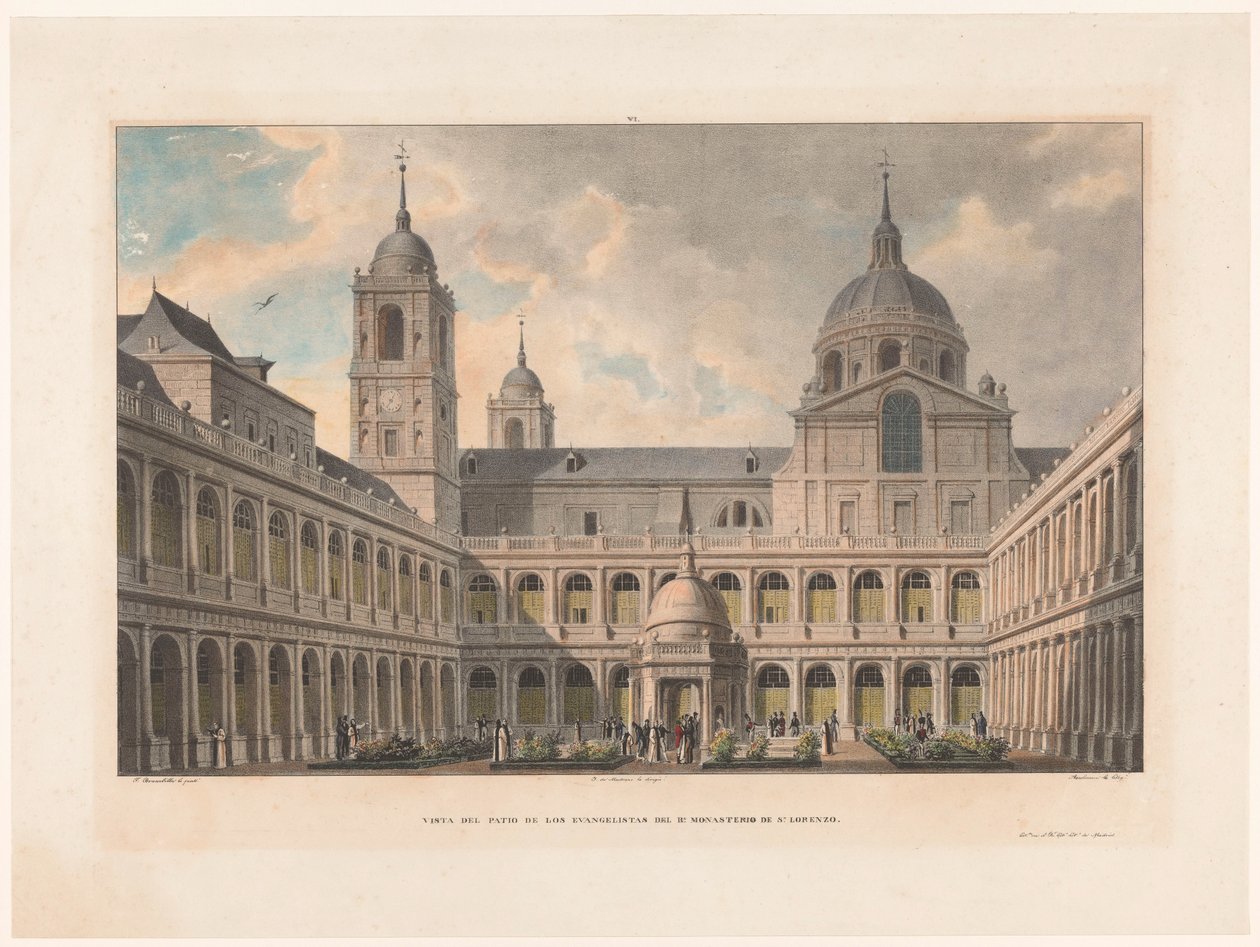 Zicht op de Patio de los Evangelistas van het Monasterio de San Lorenzo de El Escorial door Leon Auguste Asselineau