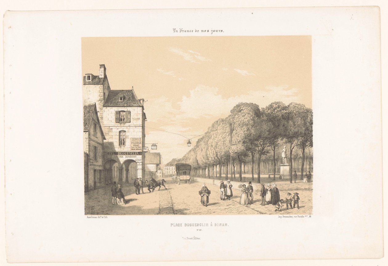Zicht op de Place Du Guesclin in Dinan door Leon Auguste Asselineau