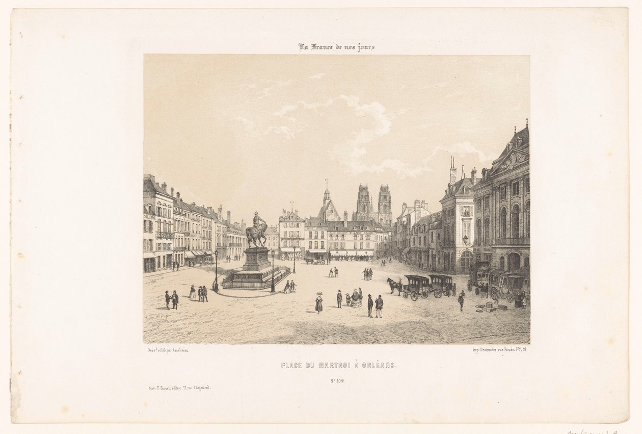 Zicht op de Place du Martroi in Orléans door Leon Auguste Asselineau