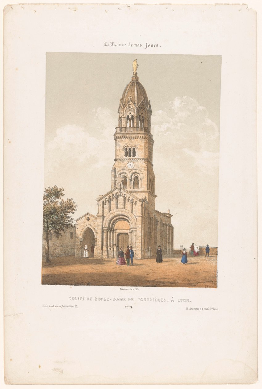Zicht op de basiliek Notre-Dame de Fourvière in Lyon door Leon Auguste Asselineau