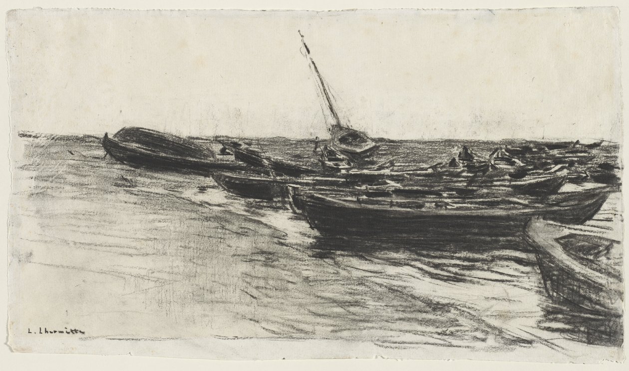Vissersboten op het Strand bij Étretat door Leon Augustin Lhermitte