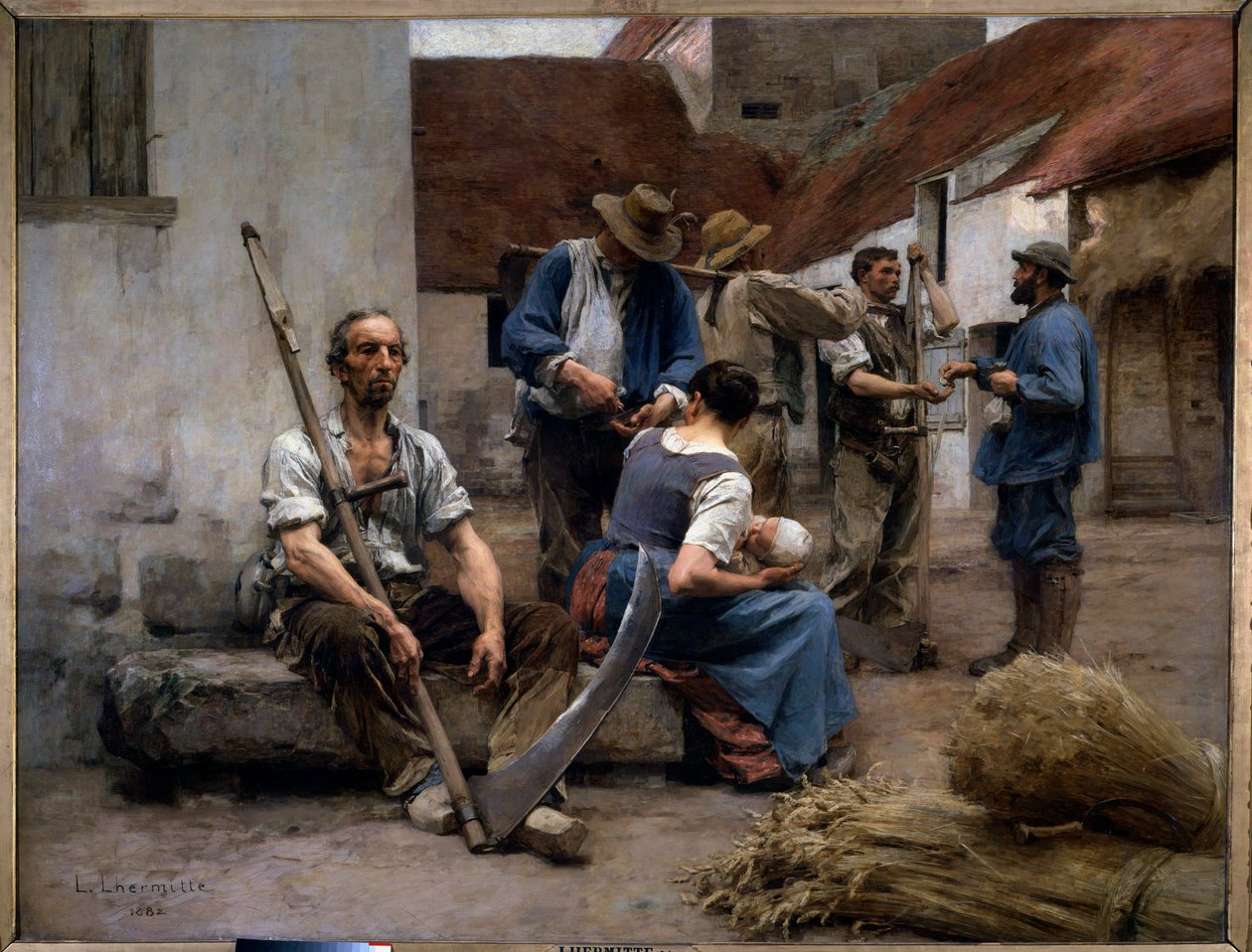 De loonlijst van boerenoogsters op een boerenerf, een van hen houdt een zeis vast door Leon Augustin Lhermitte
