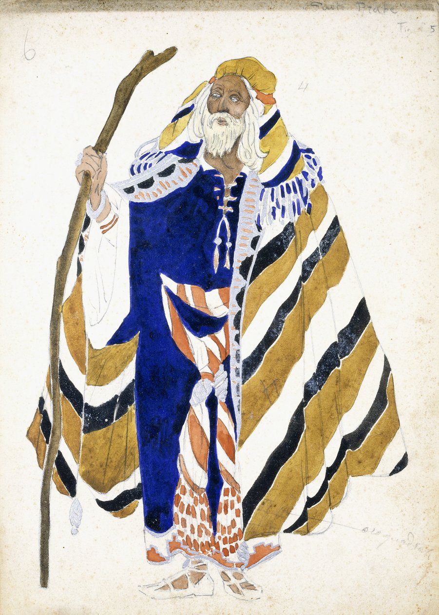 Een kostuumontwerp voor een danser in Suite Arabe, die een oudere man met een staf afbeeldt door Leon Bakst