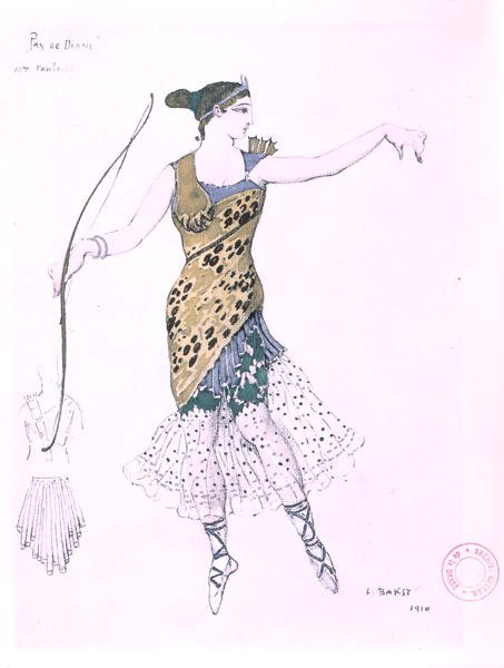 Anna Pavlova verkleed als Diana door Leon Bakst