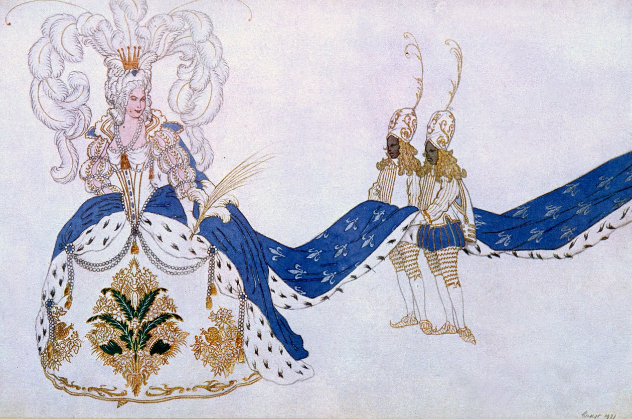 Kostuumontwerp voor de Koningin en Haar Pages, uit Doornroosje, 1921 door Leon Bakst