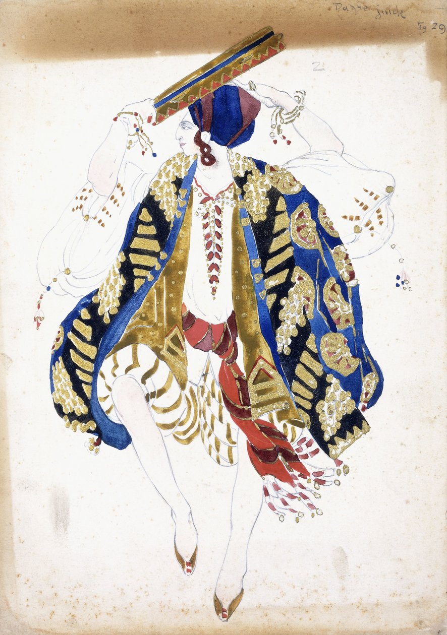 Kostuumontwerp voor een mannelijke danser in "Danse Juive", gekleed in knickerbockers en een tulband, spelend op een tamboerijn door Leon Bakst