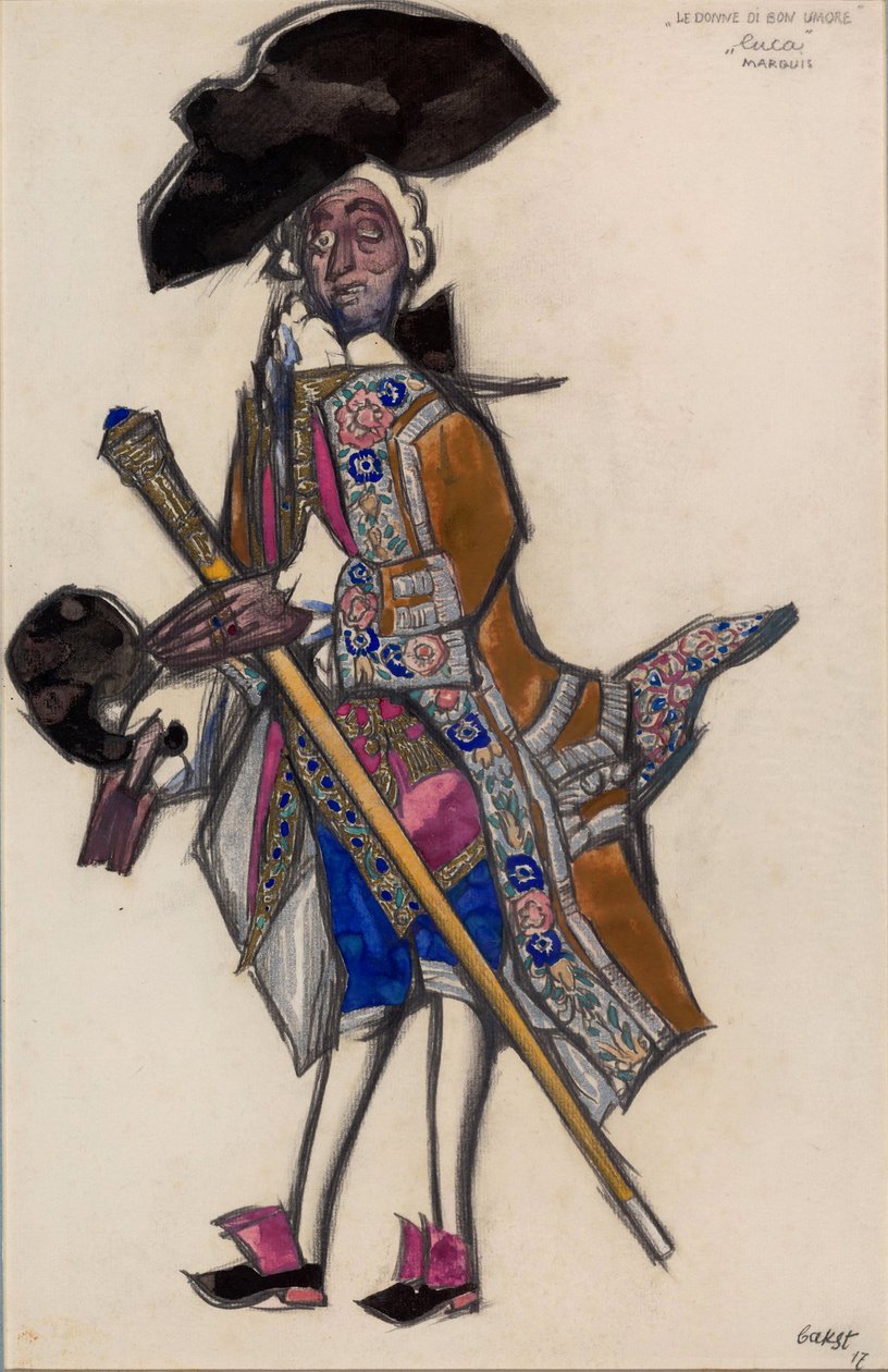 Kostuumontwerp voor het ballet Les femmes de bonne humeur door Leon Bakst