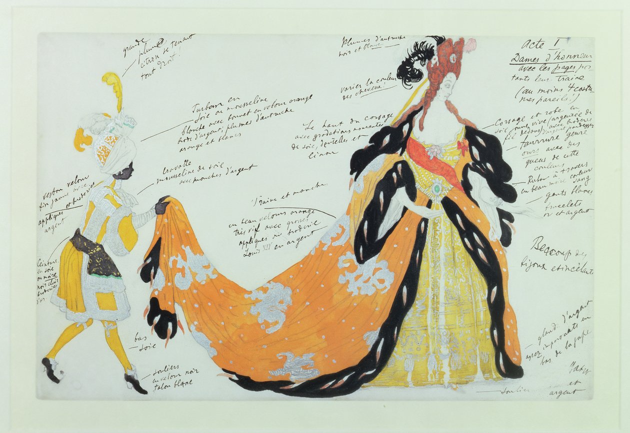 Kostuum voor Dame en haar Page, voor Diaghilev ballet door Leon Bakst